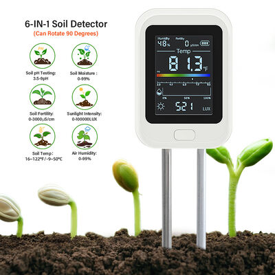 Teste de solo 6 em 1 com ecrã LED USB Tipo-C Ecrã LCD recarregável e giratório para jardinagem e agricultura