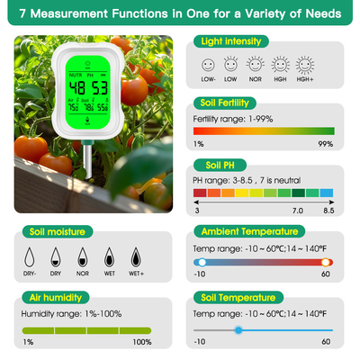 Yieryi 7-in-1 Soil Tester ¢ Ferramenta essencial para o pH do solo, umidade, intensidade de luz e temperatura, fertilidade, umidade do ar, temperatura ambiente