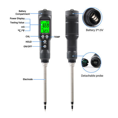 Teste de solo impermeável 2 em 1 EC (0,00 - 10,00 mS/cm) e temperatura (-30°C - 80°C) Métro para jardinagem e agricultura