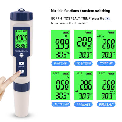 5 - Em - 1 Testador de Qualidade da Água PH/TDS/CE/Salinidade/Temperatura para Aquário Doméstico Laboratório