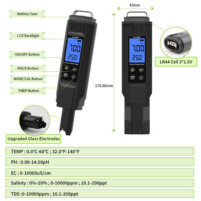 5 - em - 1 Tester de qualidade da água - pH/sal/TDS/EC/temperímetro para aquário, piscina e casa