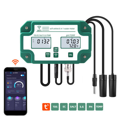 Wifi habilitado 6 em 1 Tester de qualidade da água monitor remoto PH / TDS / EC / Sal / SG / Temp Para laboratório de piscina aquário