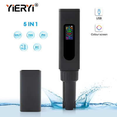 USB Recarregável 5 em 1 medidor de qualidade da água tela de cor TDS sal EC PH Tester de temperatura