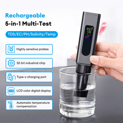 USB Recarregável 5 em 1 medidor de qualidade da água tela de cor TDS sal EC PH Tester de temperatura