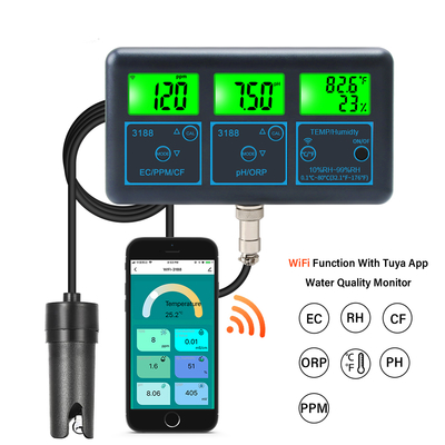 WiFi Tuya App Medidor de PH digital multifunção 7-em-1 PH EC ORP TDS RH% CF Teste de temperatura on-line Analisador de qualidade da água