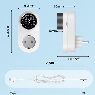 Tuya Smart WiFi Thermostat Plug Com Sensor de Temporização Controle de Toque