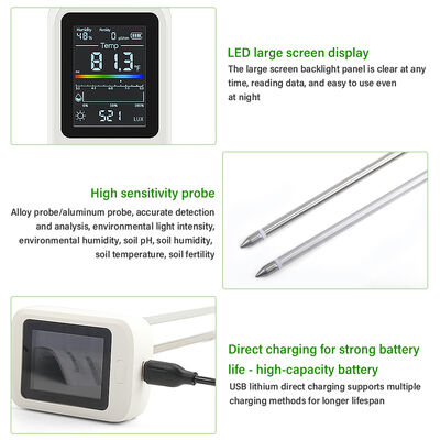 Teste de solo 6 em 1 com ecrã LED USB Tipo-C Ecrã LCD recarregável e giratório para jardinagem e agricultura