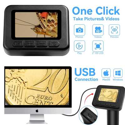 Microscópio digital portátil 50X-1000X com tela IPS de 2" e 8 LEDs ajustáveis para observação de alta definição