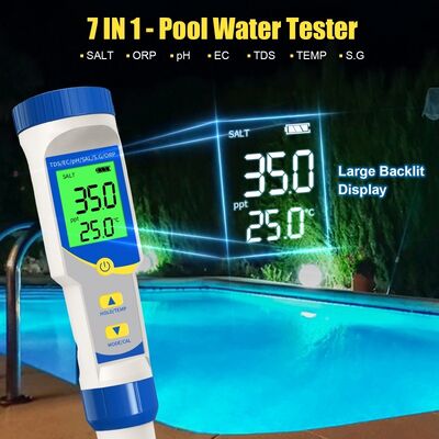 Testador Digital Multifuncional 7 em 1 de Água com Sonda de Alta Precisão e Tela LCD Retroiluminada para Teste de Qualidade de Água de Piscinas e Aquários