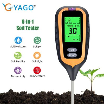 Medidor de ph do solo 6 em 1, ferramenta multifuncional de teste de solo para jardim, ph/fertilidade/umidade/luz/umidade do ar/temperatura