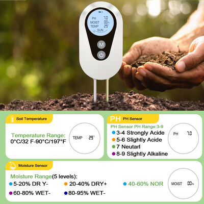 Teste de temperatura de pH do solo e temperatura da luz solar com LCD retroiluminado para agricultura de jardim