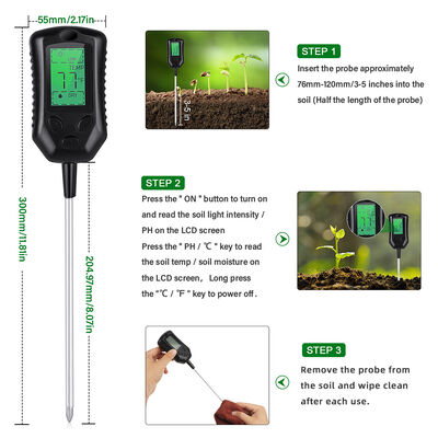 Interface de utilizador LCD grande 4 em 1 medidor de solo pH medidor de solo ferramentas de análise de solo de umidade/temperatura/luz solar