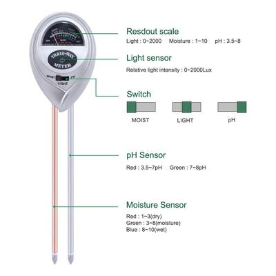 3 em 1 pH do solo Água Humidade medidor Acidez Umidade Luz solar Flores de jardim Flores Humidade Tester Instrumento