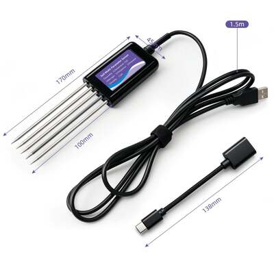 Testador de Solo Conectado por USB-C Atualizado com Função de Armazenamento de Dados de CE, Temperatura, Umidade, PH, Fertilidade e N-P-K