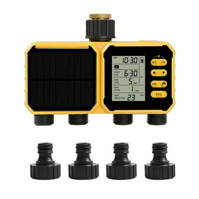 Temporizador de Água Solar YiERYI com 4 Saídas, Controlador de Irrigação com Sensor de Chuva, Sistema de Rega Automática Programada com Trava para Crianças para Irrigação de Jardim, Gramado e Fazenda