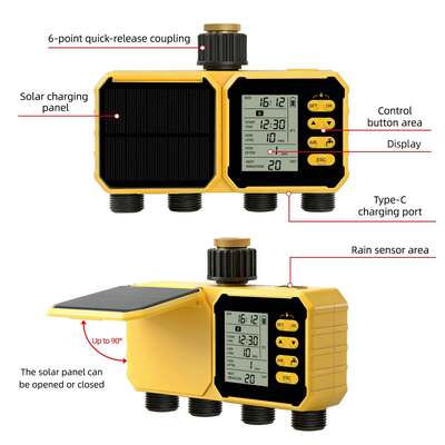 Temporizador de Água Solar YiERYI com 4 Saídas, Controlador de Irrigação com Sensor de Chuva, Sistema de Rega Automática Programada com Trava para Crianças para Irrigação de Jardim, Gramado e Fazenda