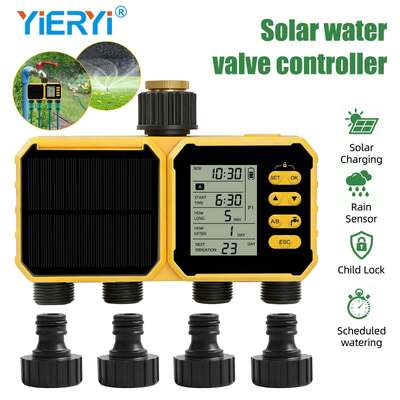 Temporizador de Água Solar YiERYI com 4 Saídas, Controlador de Irrigação com Sensor de Chuva, Sistema de Rega Automática Programada com Trava para Crianças para Irrigação de Jardim, Gramado e Fazenda