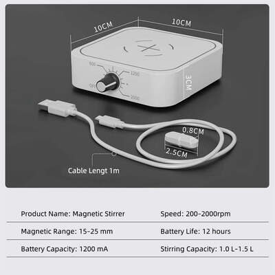 Mini-Mixidor Magnético, Misturador Portátil de Líquidos Carregado por USB, Velocidade Ajustável 200-2000 RPM, Capacidade 1,0-1,5-L, Equipamento de Mistura Magnética de Laboratório de Baixa Tensão