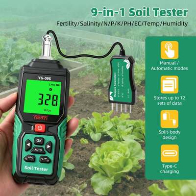 YG-09s9 9-em-1 PH/BC/salinidade/fertilidade/nitrogênio, fósforo, potássio/temperatura/umidade testador de solo portátil pode armazenar e visualizar 12 conjuntos de registros