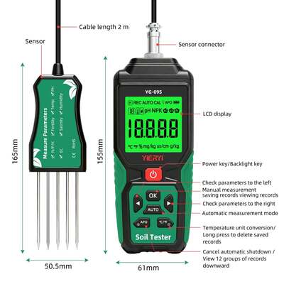 YG-09s9 9-em-1 PH/BC/salinidade/fertilidade/nitrogênio, fósforo, potássio/temperatura/umidade testador de solo portátil pode armazenar e visualizar 12 conjuntos de registros