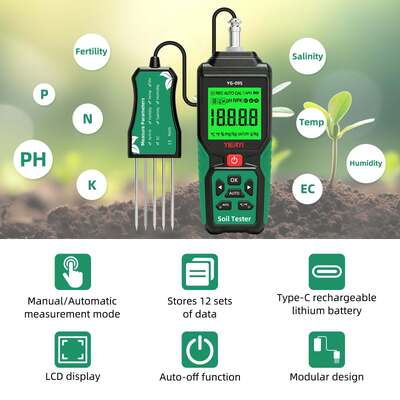 YG-09s9 9-em-1 PH/BC/salinidade/fertilidade/nitrogênio, fósforo, potássio/temperatura/umidade testador de solo portátil pode armazenar e visualizar 12 conjuntos de registros