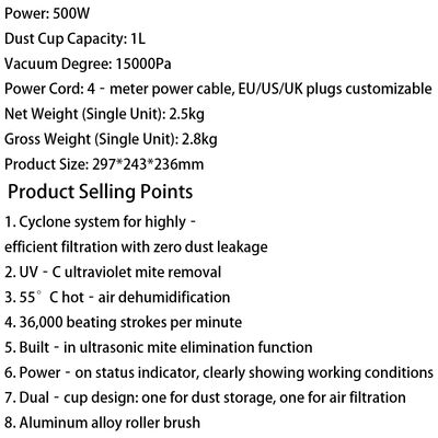 Dual Cup Mite Remover, High Power Wired Vacuum, Strong Suction, UV C Sterilization, Household Bed Mite Cleaner