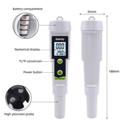Medidor de salinidade digital de alta precisão com ecrã LED e faixa de medição de 0~199.9ppt para água potável, água do mar e piscina