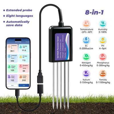 Testador de Solo Conectado por USB-C Atualizado com Função de Armazenamento de Dados de CE, Temperatura, Umidade, PH, Fertilidade e N-P-K