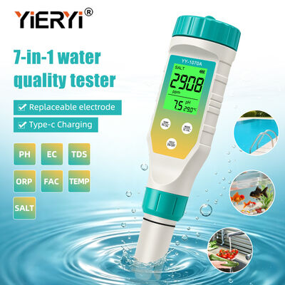 Caneta de Teste de Qualidade de Água 7 em 1, pH Salinidade ORP TDS EC FAC TEMP, Display Simultâneo com Luz de Fundo Verde, Recarregável